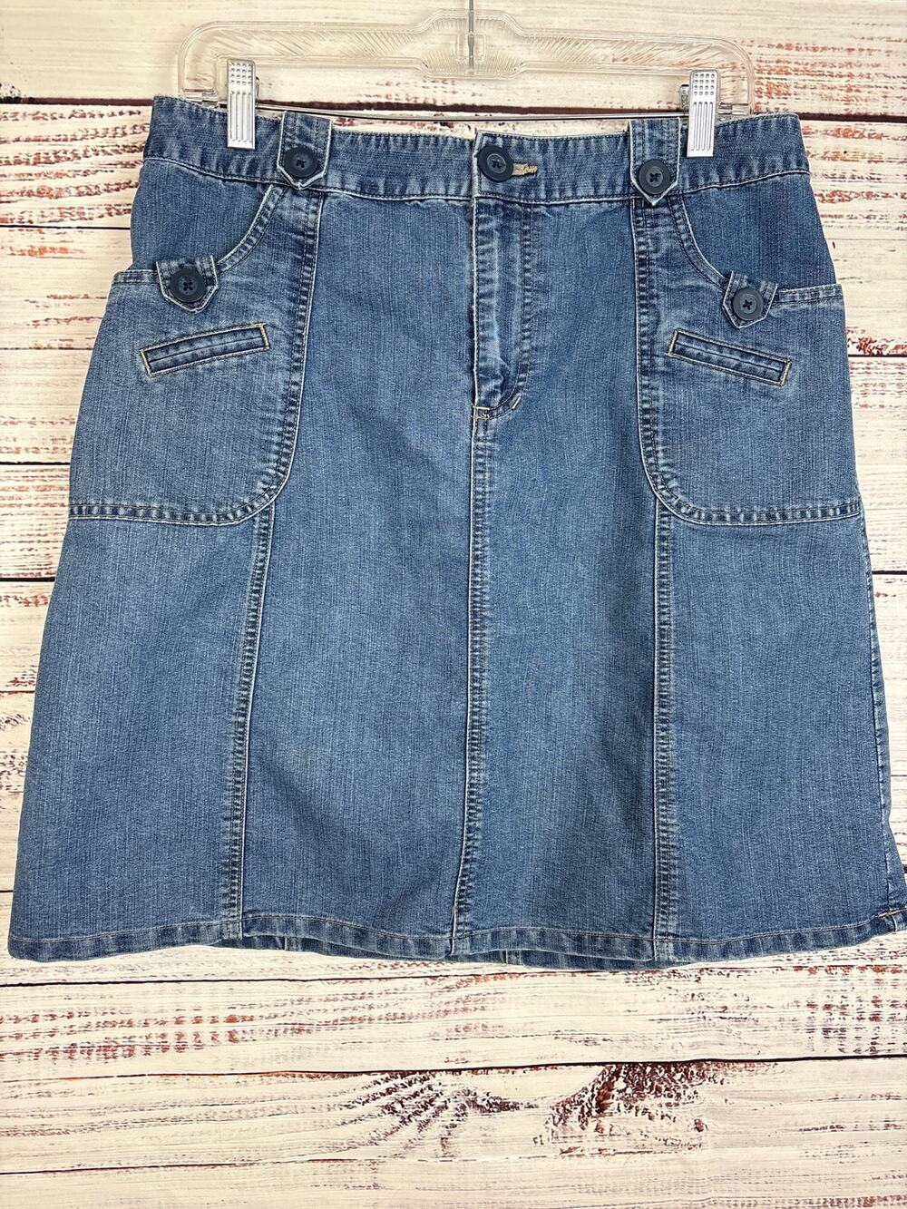 Womens VTG 90s Medium Wash Blue Cherokee Denim Mini Skirt Slit Pockets Sz 12